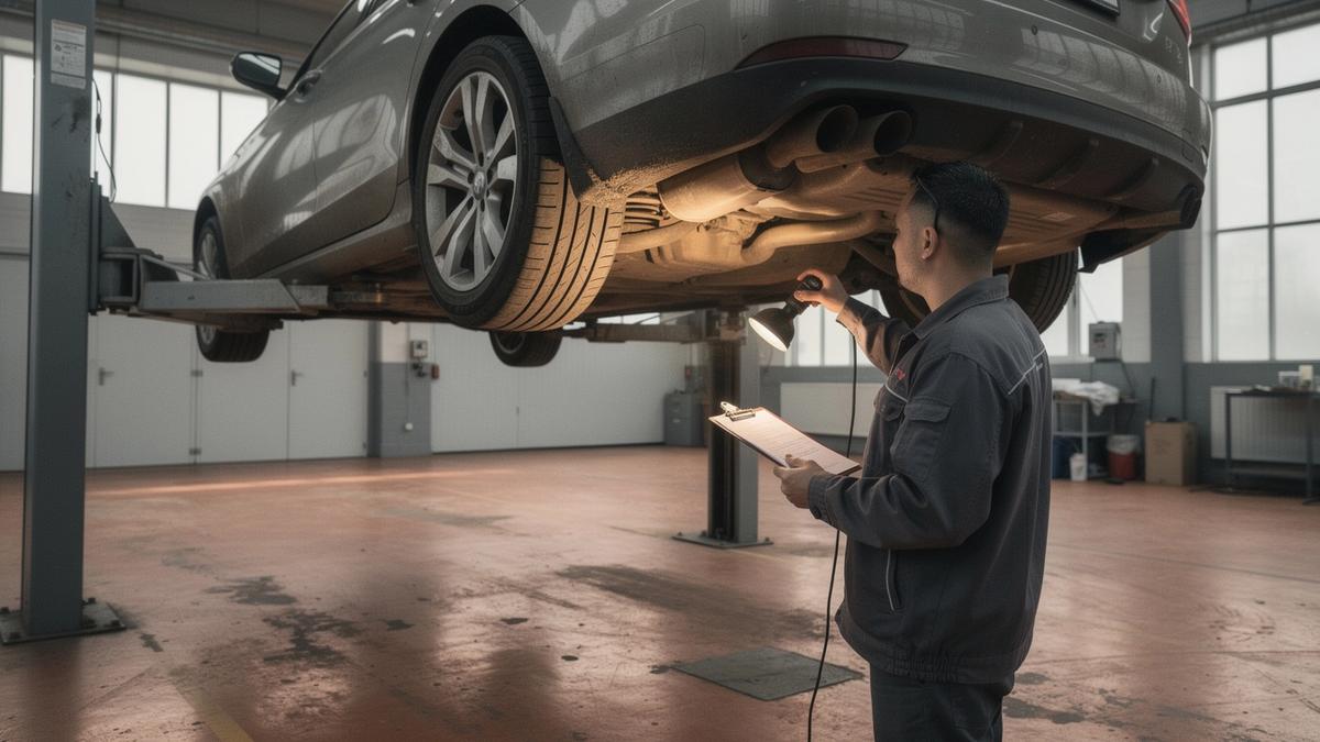 Independent inspector examining the underside of a luxury sedan on a lift in a Kyiv workshop
