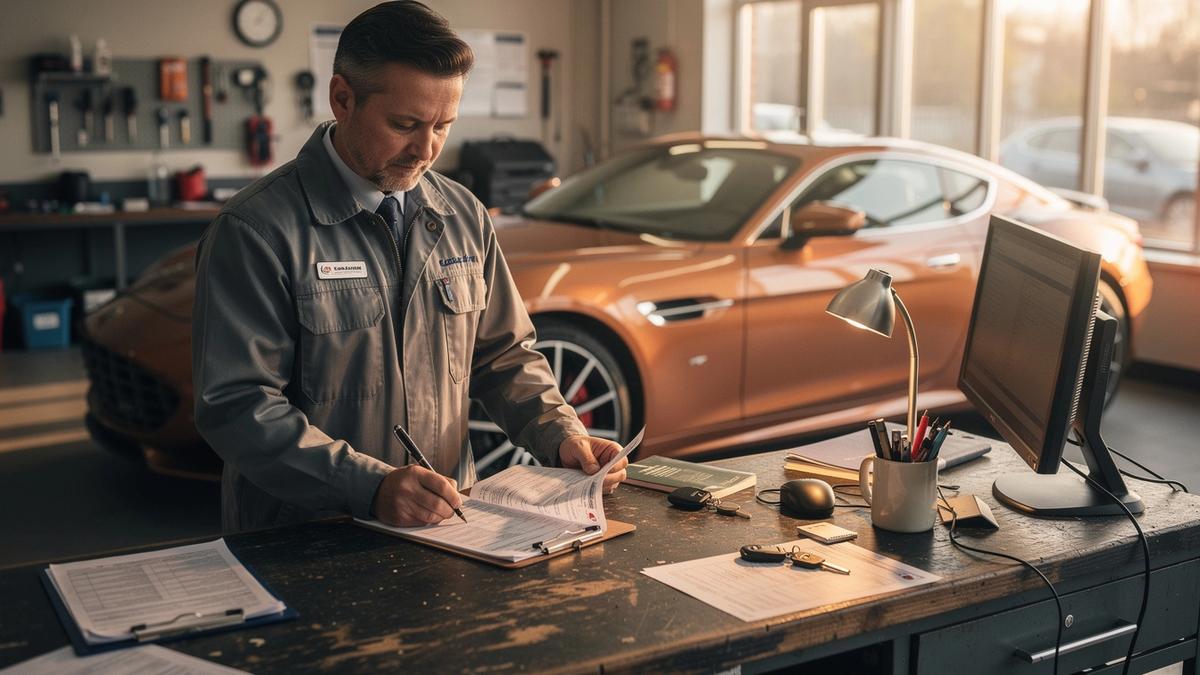 Concierge marking a printed vehicle inspection report beside a copper-toned grand tourer