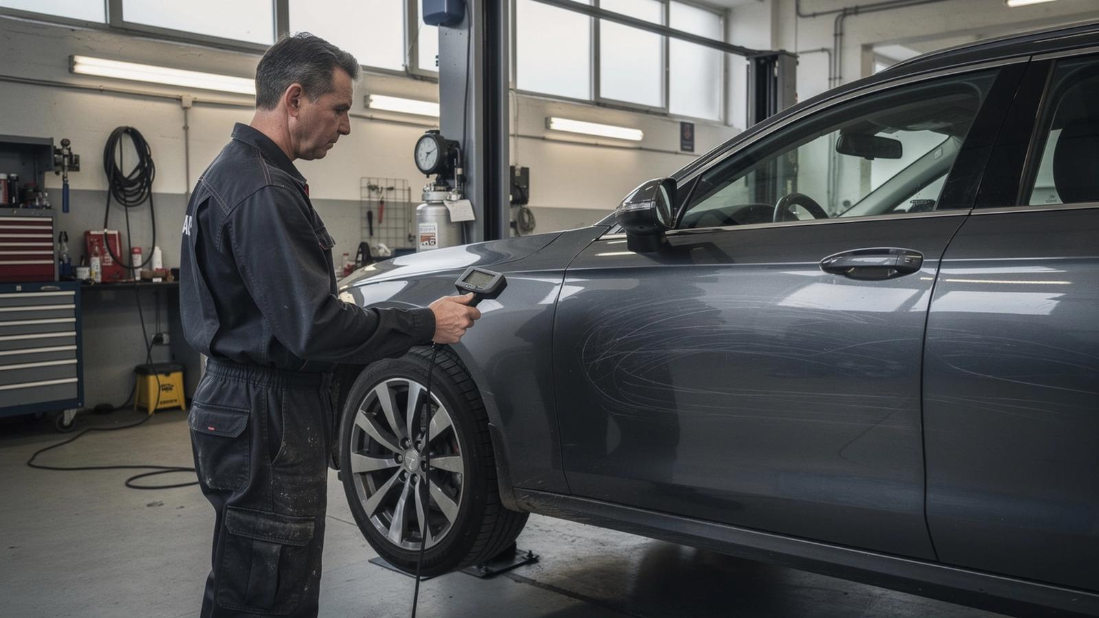 Engineer with a paint depth gauge checking the front wing of a dark grey luxury sedan raised on a workshop lift