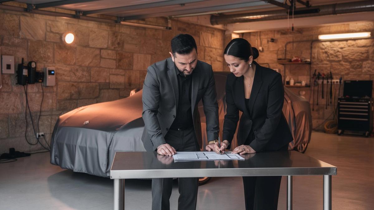 Concierge reviewing a specification sheet beside a covered pre-owned luxury sedan