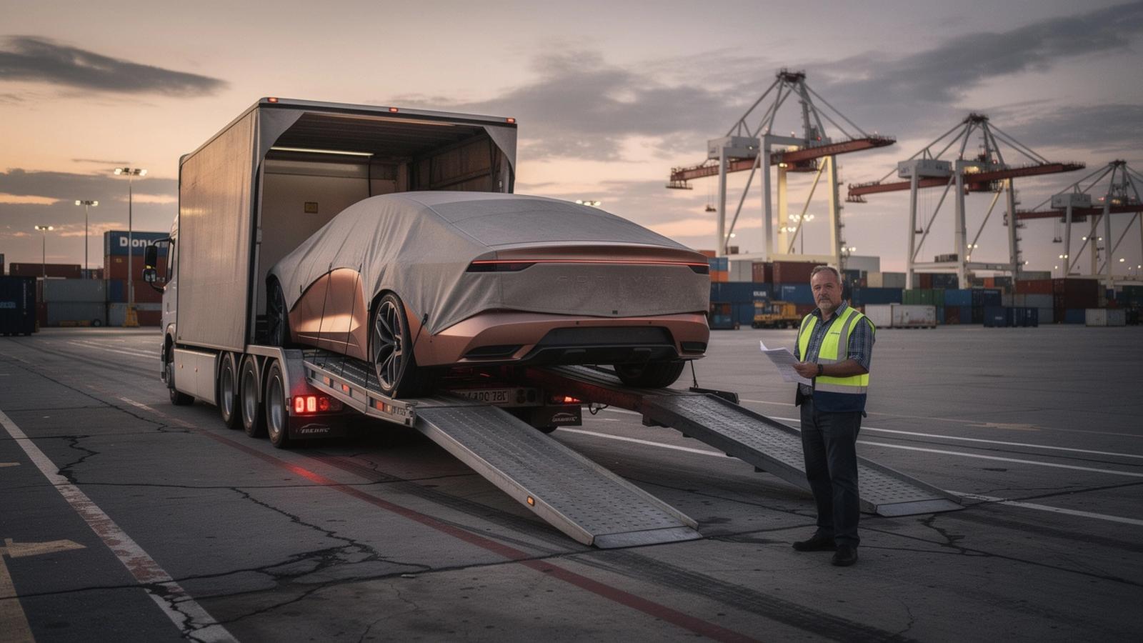 Covered single-car transporter being loaded at a European export terminal before customs clearance