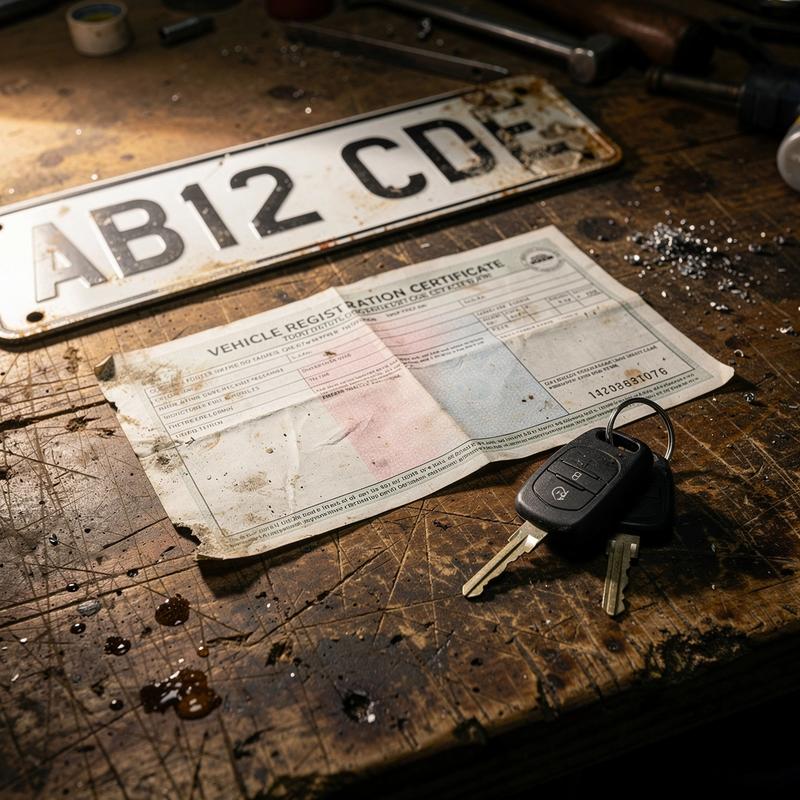 Vehicle registration certificate, plate and keys laid out on a workshop bench